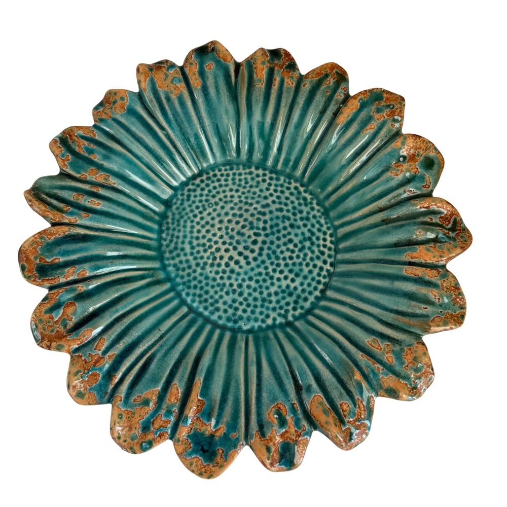 Sunflower Decorative Bowl Teal 9.5in Glazed Ceramic Distressed Rustic